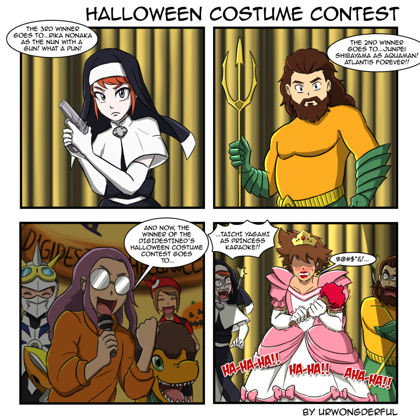 agumon, angry, aquaman_(dc), aquaman_(dc)_(cosplay), cosplay, crown, dc_comics, digimon