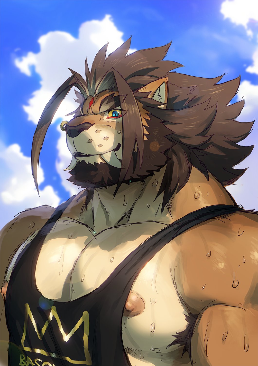 1boy, animal_ears, armpit_hair, armpit_hair_peek, bara, barong_(housamo), blue_eyes, blue_sky