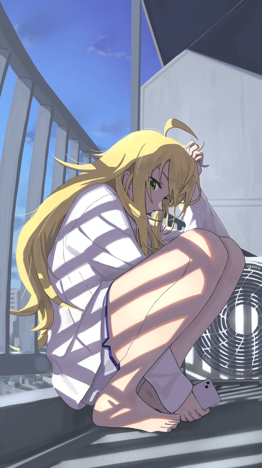 1girl, absurdres, ahoge, bare_legs, barefoot, blonde_hair, blue_sky, cellphone