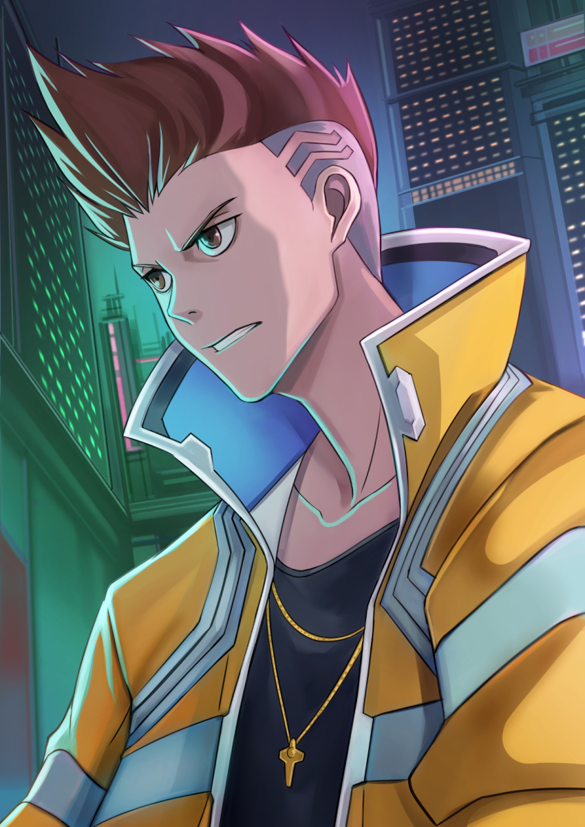 1boy, black_shirt, brown_eyes, brown_hair, building, collarbone, cyberpunk_(series), cyberpunk:_edgerunners