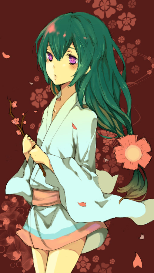 1girl, bad_id, bad_pixiv_id, female_focus, green_hair, katanagatari, long_hair, purple_eyes
