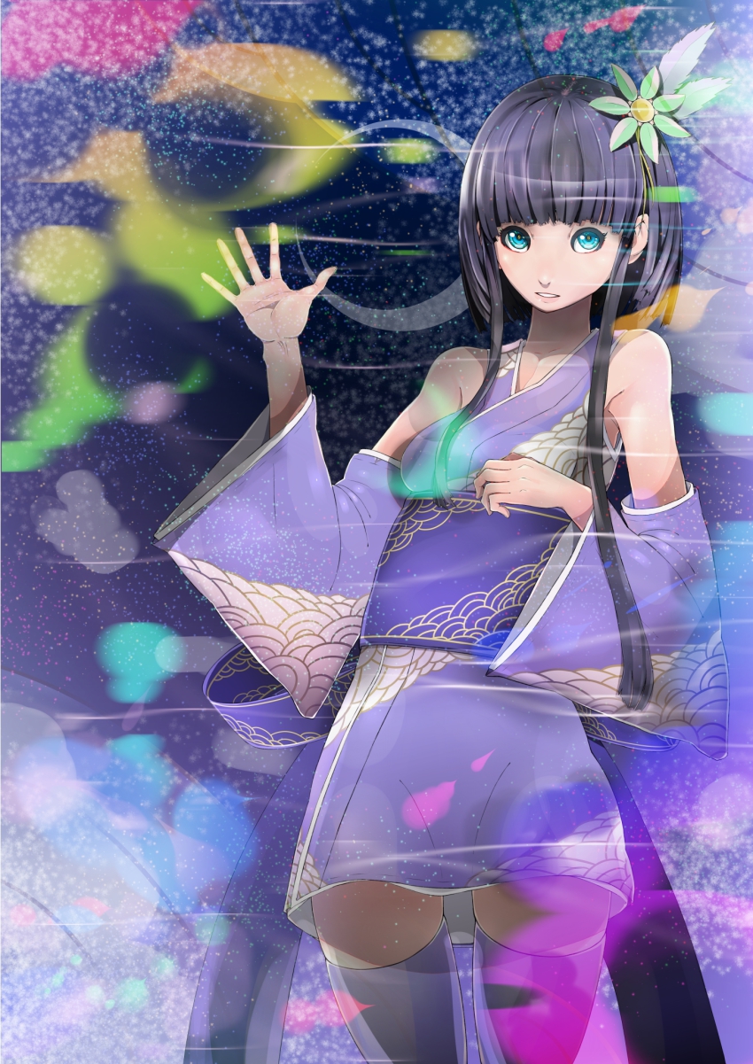 1girl, bad_id, bad_pixiv_id, black_hair, blue_eyes, female_focus, flower, hair_flower