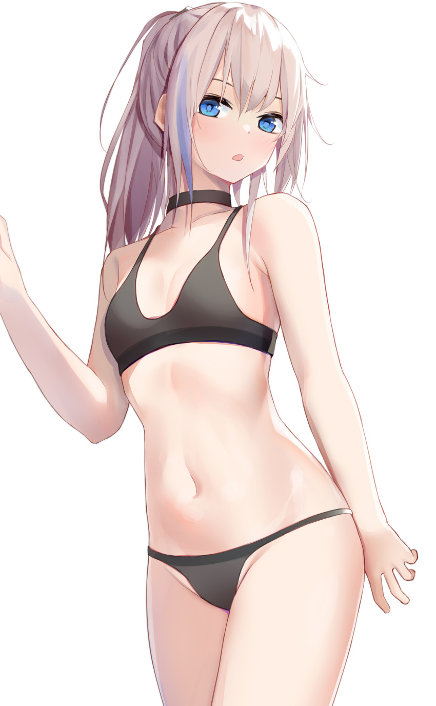 1girl, absurdres, bare_arms, bare_shoulders, black_bra, black_choker, black_panties, blue_eyes