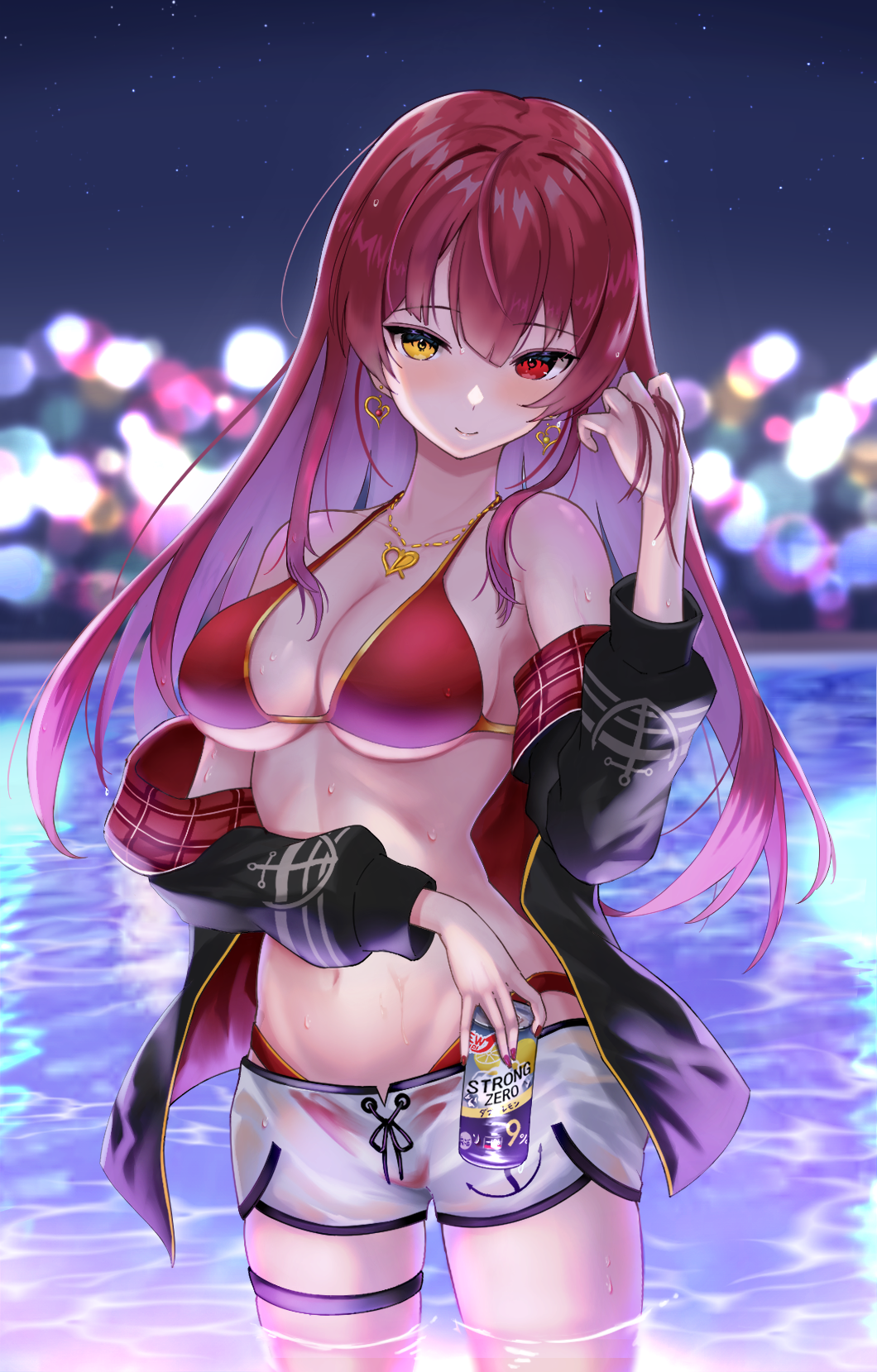 1girl, bare_shoulders, bikini, bikini_under_clothes, blush, breasts, cleavage, colored_inner_hair