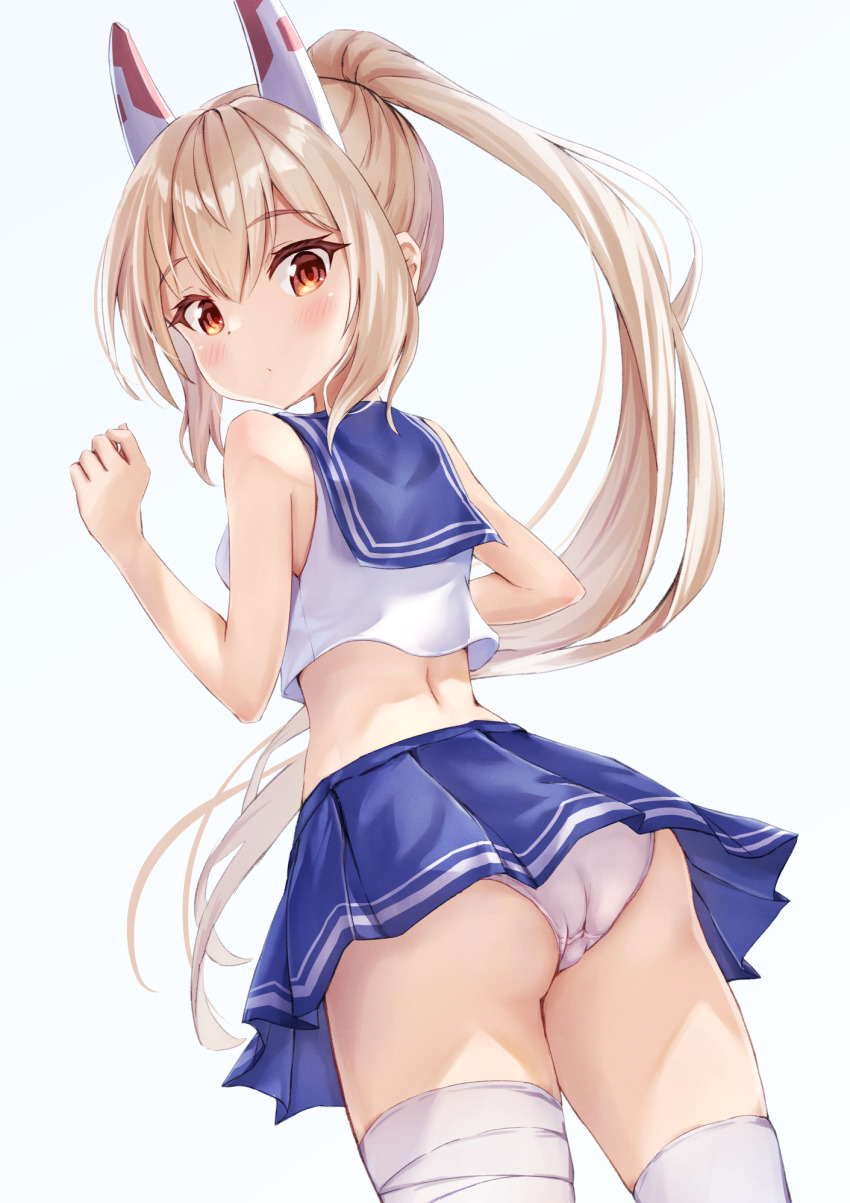1girl, ass, ayanami_(azur_lane), azur_lane, blue_skirt, crop_top, from_behind, headgear, high_ponytail, highres, light_brown_hair, long_hair, looking_at_viewer, looking_back, matsu520, miniskirt, panties, ponytail, red_eyes, resolution_mismatch, sailor_collar, shirt, simple_background, skirt, sleeveless, sleeveless_shirt, solo, source_smaller, thighhighs, underwear, very_long_hair, white_background, white_panties, white_shirt, white_thighhighs