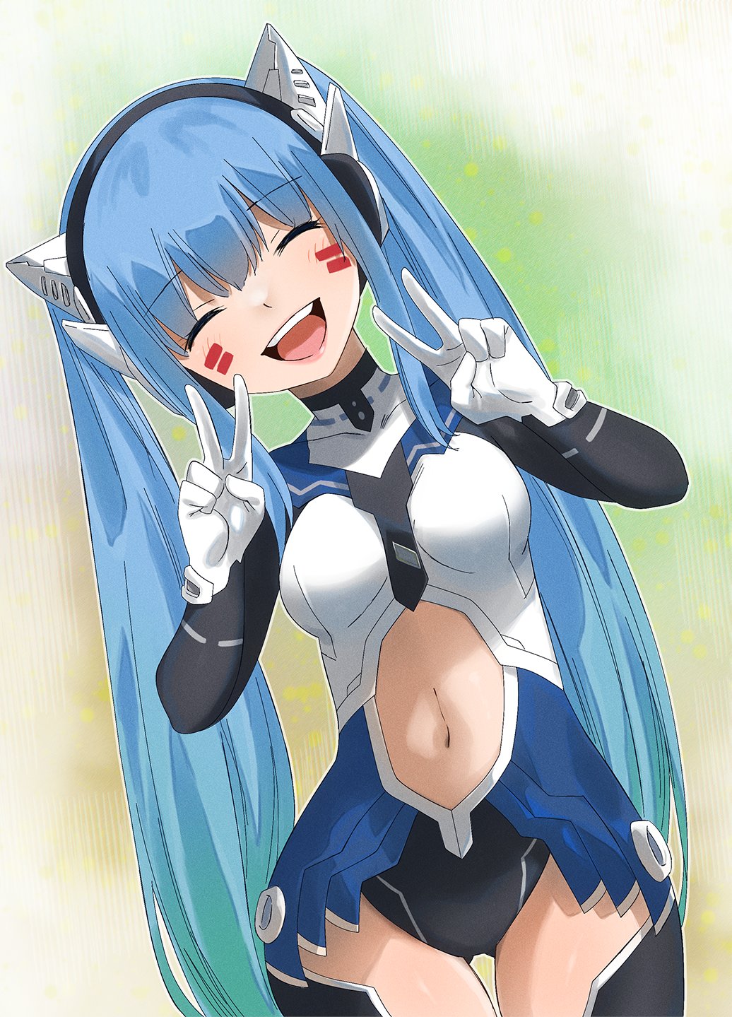 1girl, blue_hair, blush, breasts, closed_eyes, eden's_zero, gaston18, hermit_mio, highres, long_hair, mashima_hiro, medium_breasts, navel, open_mouth, smile, solo, teeth, thighs, twintails