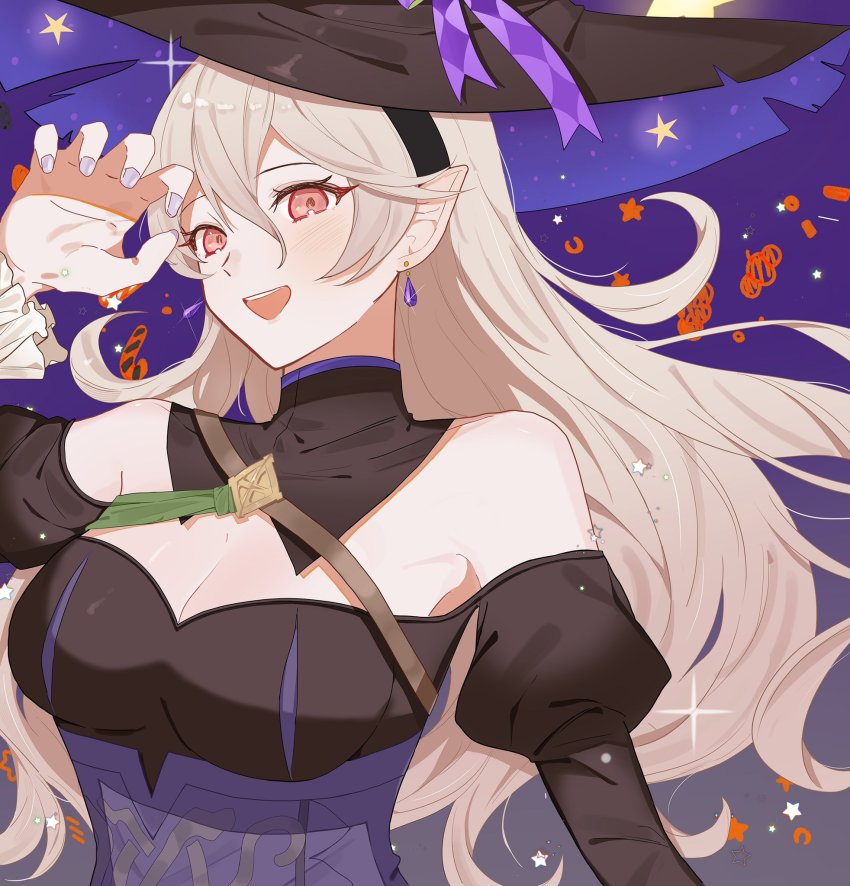 bare_shoulders, black_dress, black_hat, breasts, candy, cleavage, female_corrin_(fire_emblem), female_corrin_(halloween)_(fire_emblem)