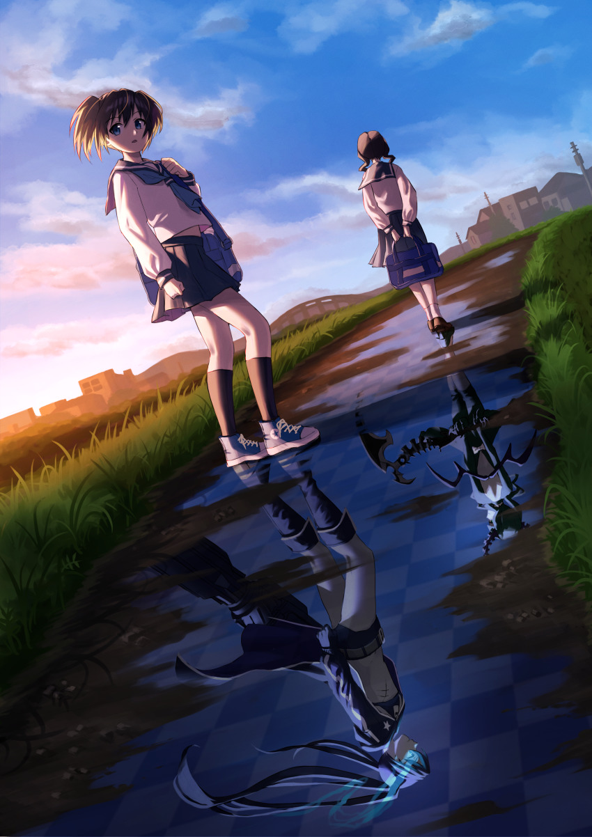 2girls, absurdres, arms_behind_back, bikini, bikini_top_only, black_bikini, black_footwear, black_rock_shooter