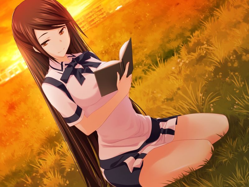 1girl, bare_legs, black_ribbon, black_skirt, brown_hair, closed_mouth, game_cg, grass