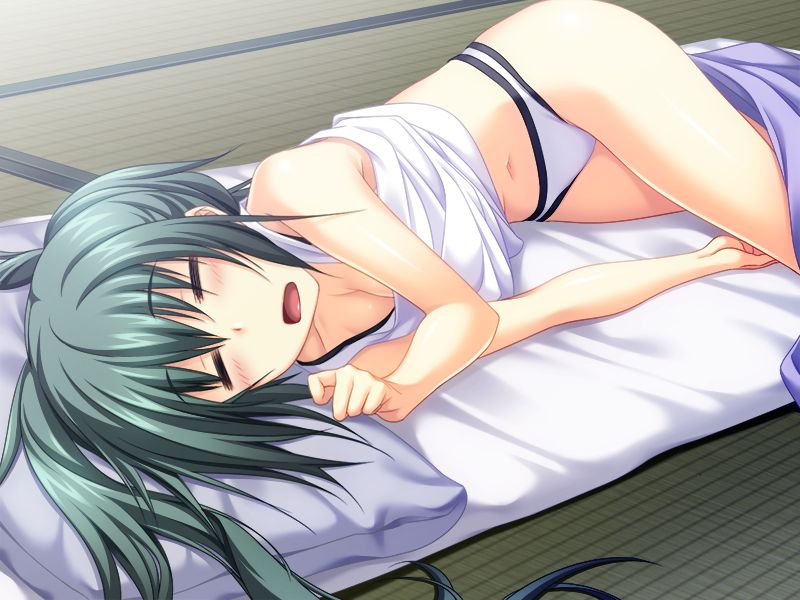 1girl, bare_arms, closed_eyes, clothes_lift, cookie_(majikoi), cookie_4is, futon, game_cg, green_hair, hair_between_eyes, kawagishi_keitarou, long_hair, lying, maji_de_watashi_ni_koi_shinasai!, midriff, navel, on_side, open_mouth, panties, ponytail, shirt, shirt_lift, sleeping, sleeveless, sleeveless_shirt, solo, stomach, under_covers, underwear, white_panties, white_shirt
