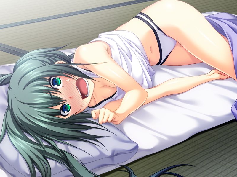 1girl, bare_arms, blush, clothes_lift, cookie_(majikoi), cookie_4is, embarrassed, futon, game_cg, green_eyes, green_hair, hair_between_eyes, indoors, kawagishi_keitarou, long_hair, looking_at_viewer, lying, maji_de_watashi_ni_koi_shinasai!, on_side, open_mouth, panties, ponytail, shirt, shirt_lift, sleeveless, sleeveless_shirt, solo, sweatdrop, under_covers, underwear, white_panties, white_shirt
