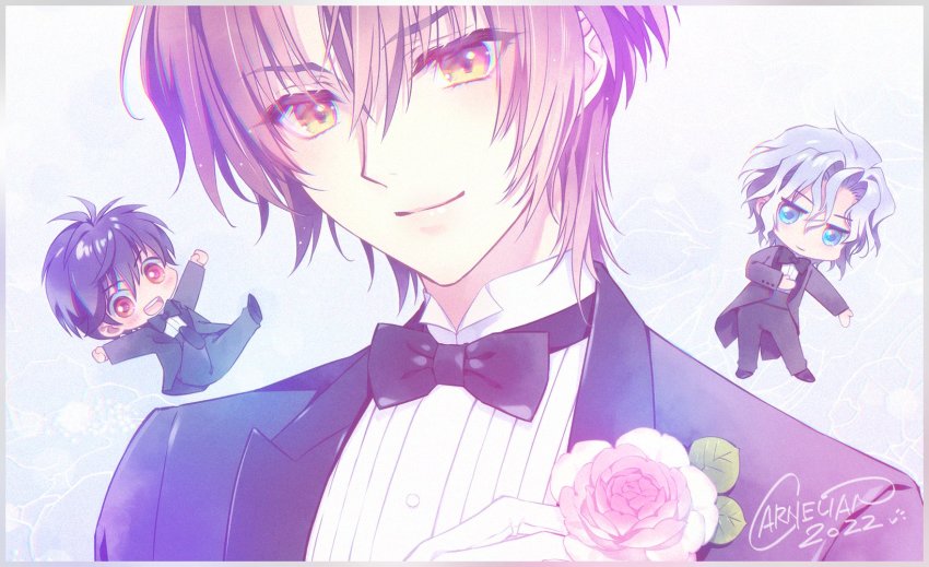 3boys, black_bow, black_bowtie, black_hair, black_pants, black_suit, blue_eyes, blush