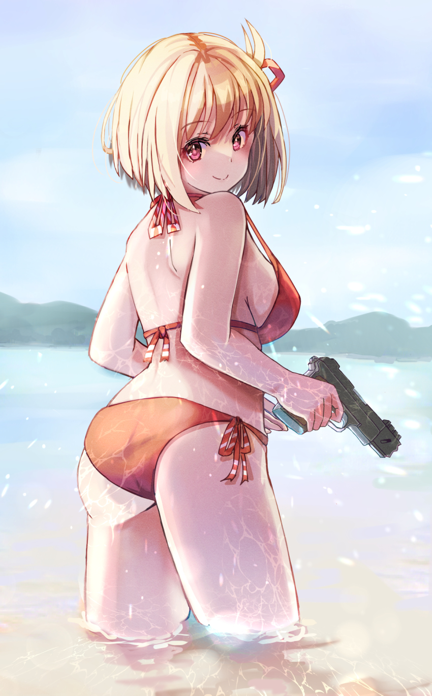 1girl, aiou0413, ass, bad_id, bad_pixiv_id, bikini, blonde_hair, blue_sky