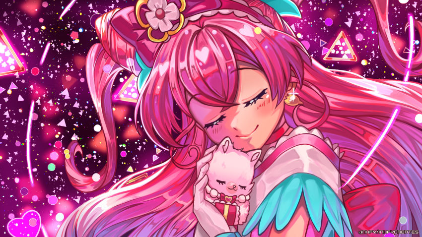 1girl, abstract_background, absurdres, artist_name, choker, closed_eyes, closed_mouth, creature