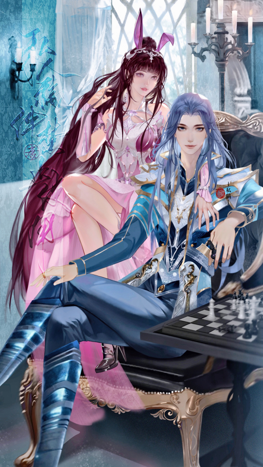 1boy, 1girl, absurdres, bare_legs, blue_hair, board_game, brown_hair, candlestand