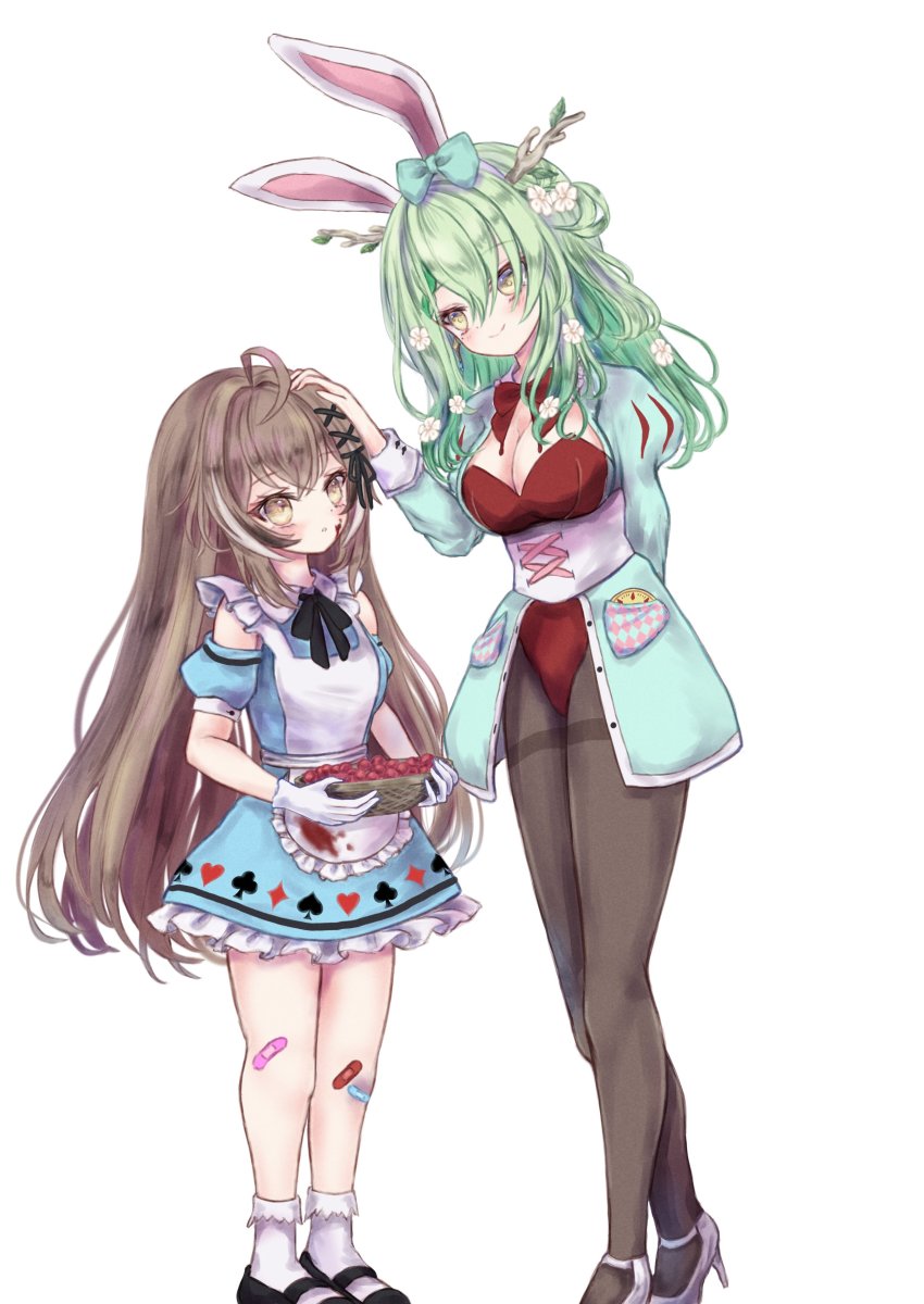 2girls, absurdres, aged_down, ahoge, alice_(alice_in_wonderland), alice_(alice_in_wonderland)_(cosplay), animal_ears, ankle_socks