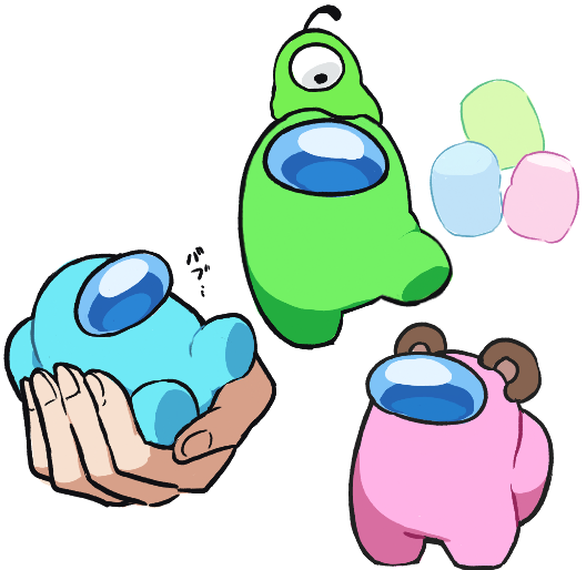 4others, among_us, animal_ears, bear_ears, creature_on_hand, crewmate_(among_us), cyan_(among_us), disembodied_hand