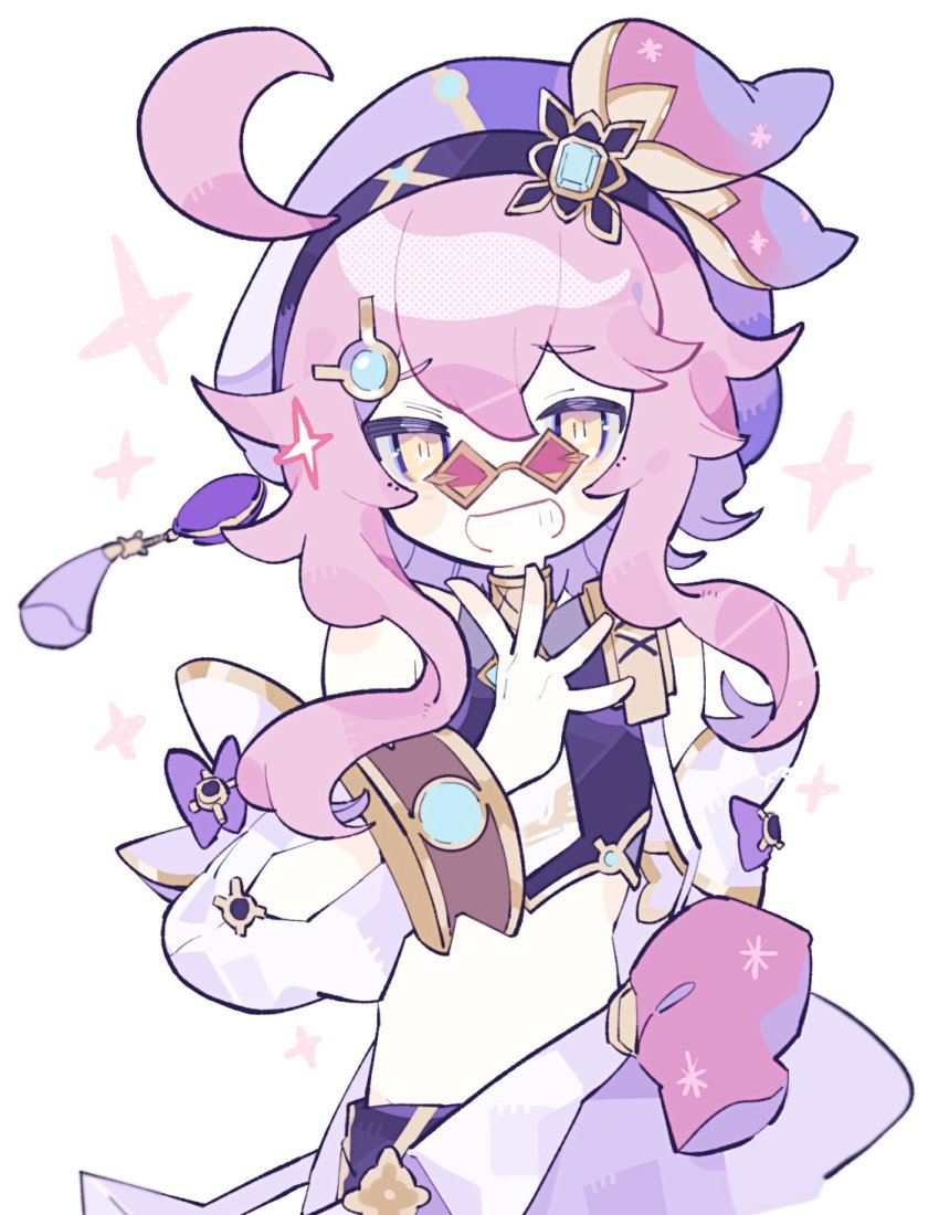 1girl, beret, blue_gem, blue_hat, commentary_request, crop_top, detached_sleeves, dori_(genshin_impact), gem, genshin_impact, grin, hair_between_eyes, hair_ornament, hand_up, hat, hatsushiro_mamimu, highres, long_hair, looking_at_viewer, pink_hair, red-tinted_eyewear, smile, solo, sparkle, tassel, tinted_eyewear, upper_body, white_background, white_sleeves, yellow_eyes