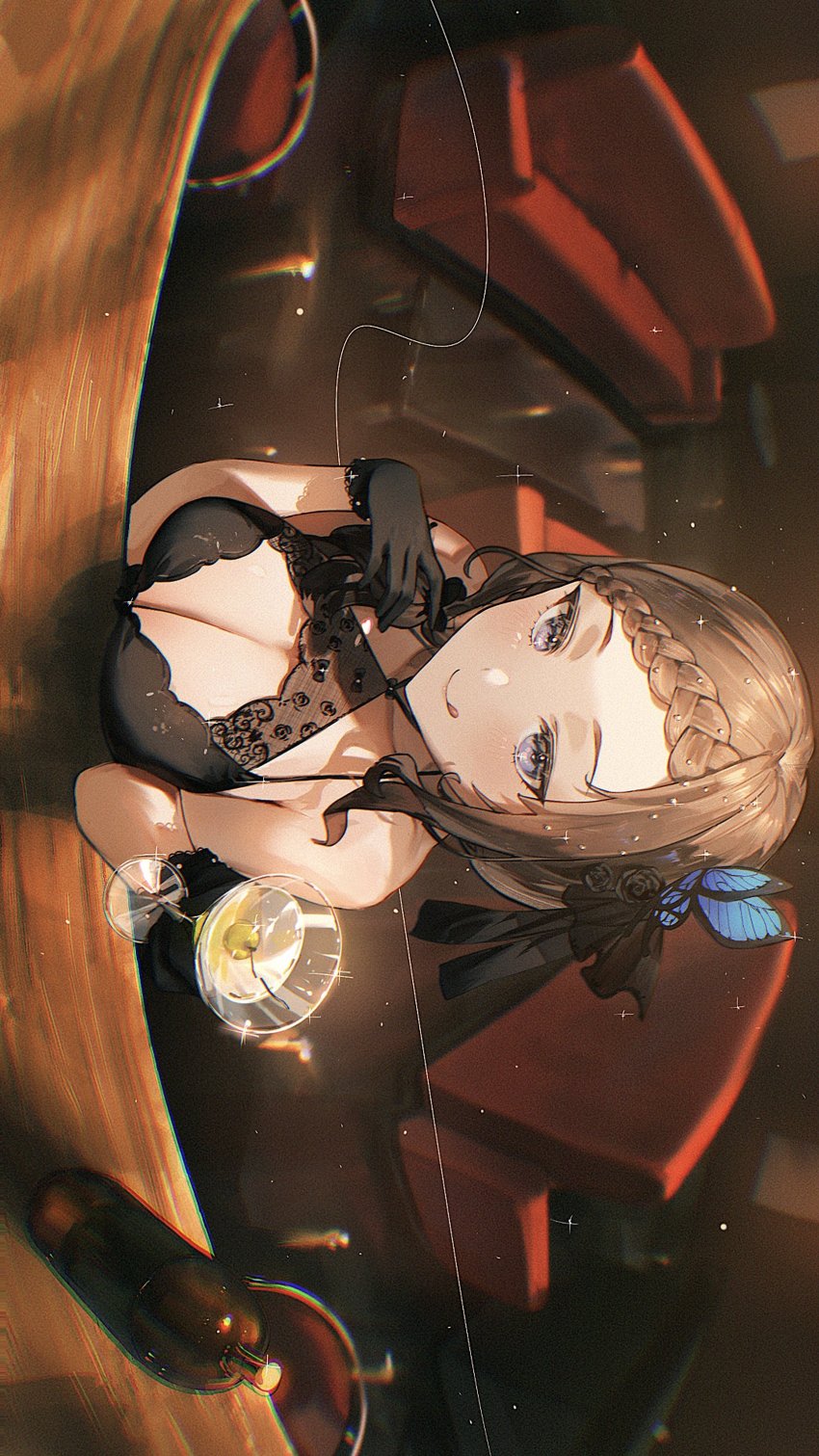 absurdres, bar_(place), bar_stool, black_dress, black_gloves, blue_eyes, braid, braided_bangs, breasts, brown_hair, butterfly_hair_ornament, cleavage, couch, cup, dress, drinking_glass, gloves, hair_ornament, highres, indie_virtual_youtuber, licking_lips, riona_(vtuber), stool, table, tongue, tongue_out, tsukiiro, virtual_youtuber, wine_glass