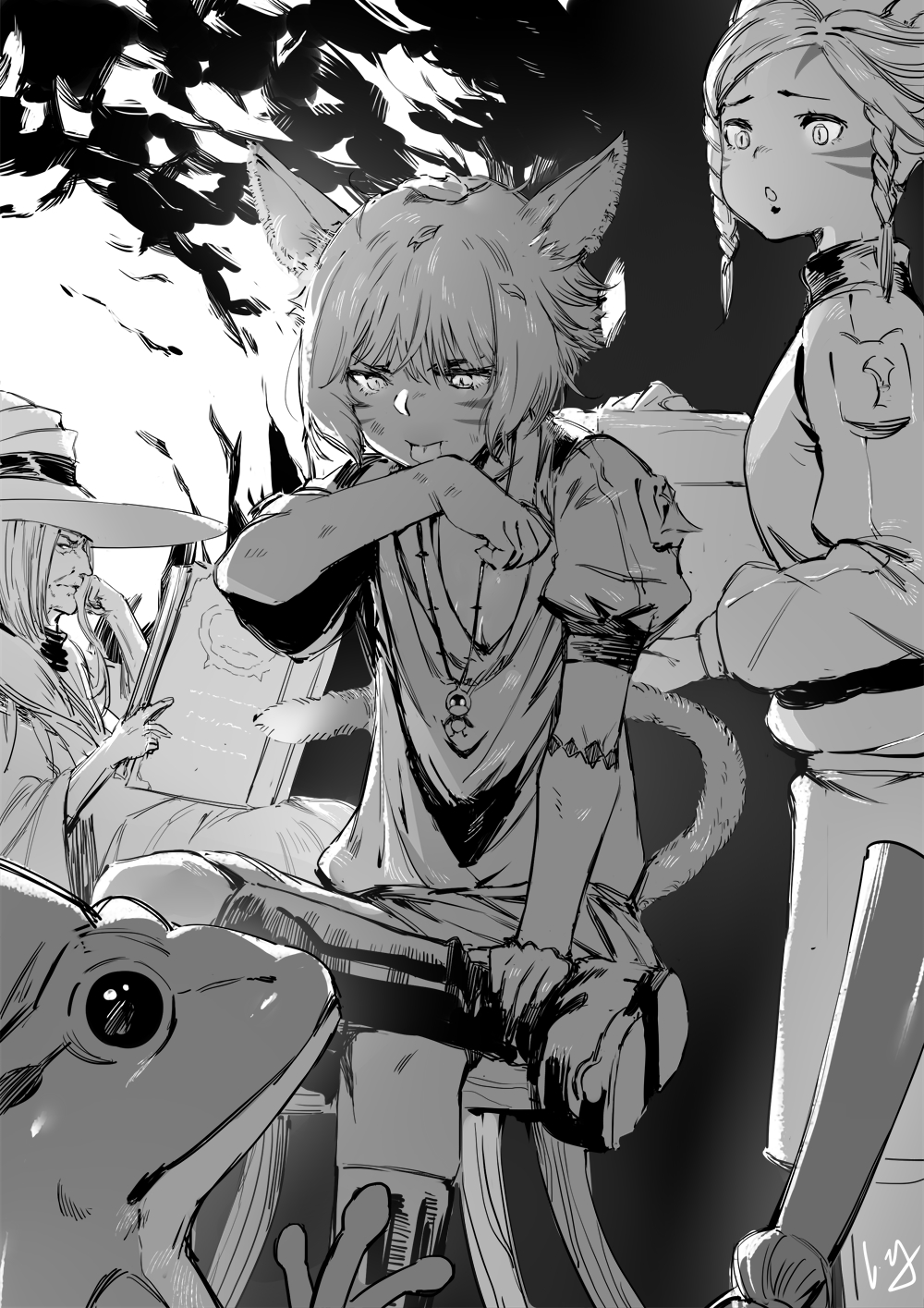 3girls, aged_down, animal_ears, cat_ears, cat_tail, facial_mark, final_fantasy, final_fantasy_xiv, greyscale, hat, highres, injury, jewelry, liangjushuang, matoya_(ff14), miqo'te, monochrome, multiple_girls, pendant, poroggo_(final_fantasy), short_hair, tail, whisker_markings, witch_hat, y'mhitra_rhul, y'shtola_rhul