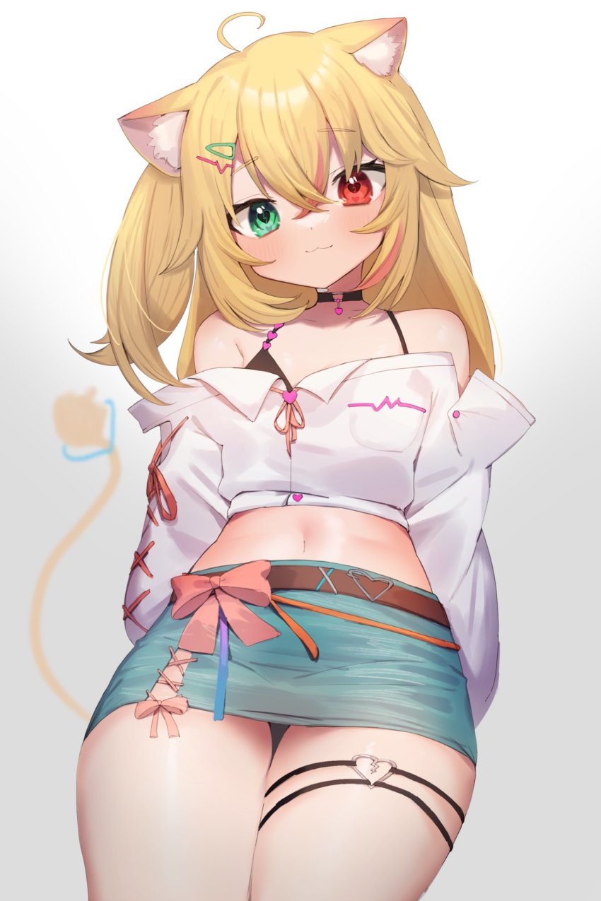 1girl, animal_ears, bare_shoulders, blonde_hair, blush, bra, green_eyes, hair_ornament