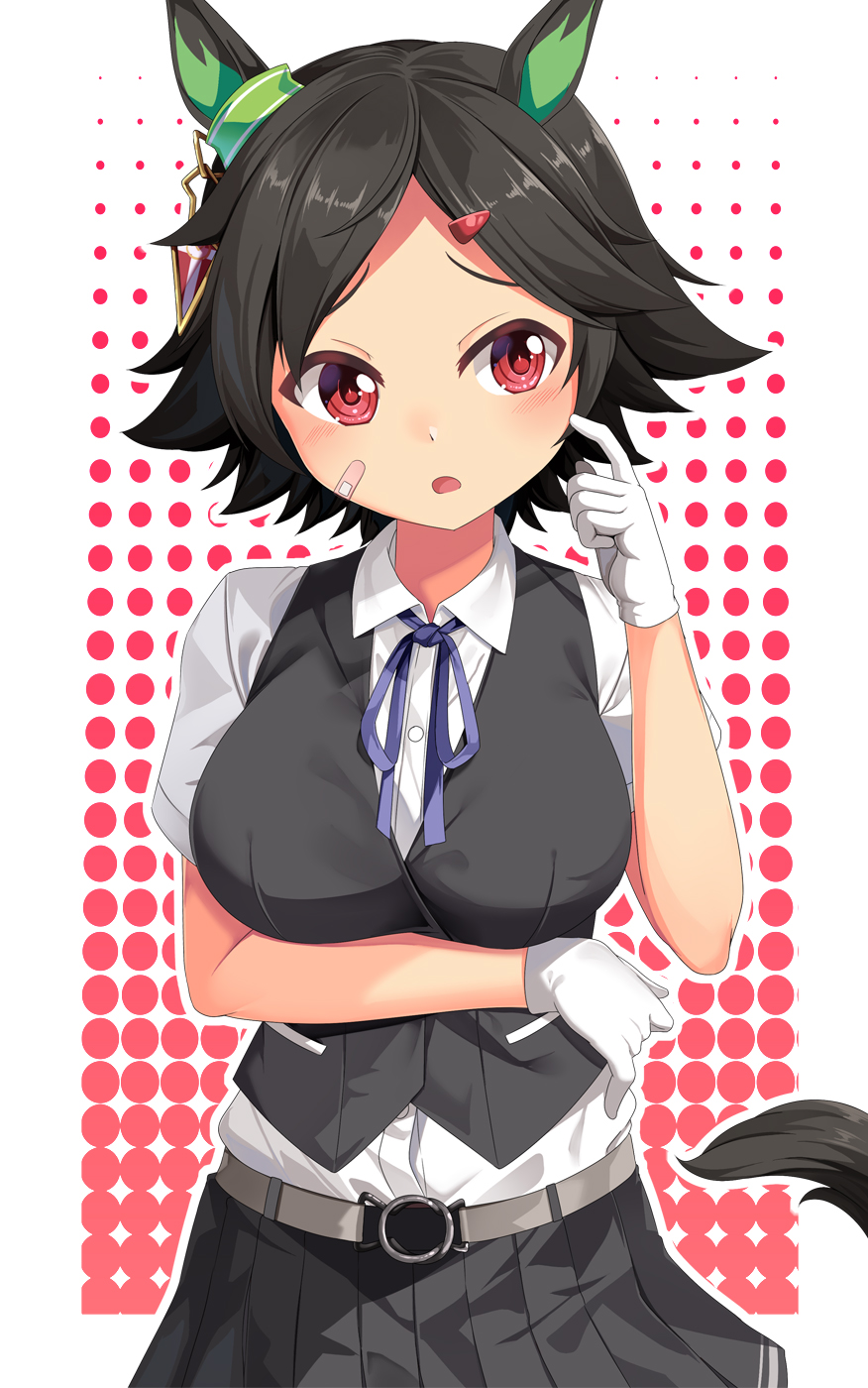 1girl, animal_ears, black_hair, black_skirt, black_vest, blue_ribbon, blush, collared_shirt