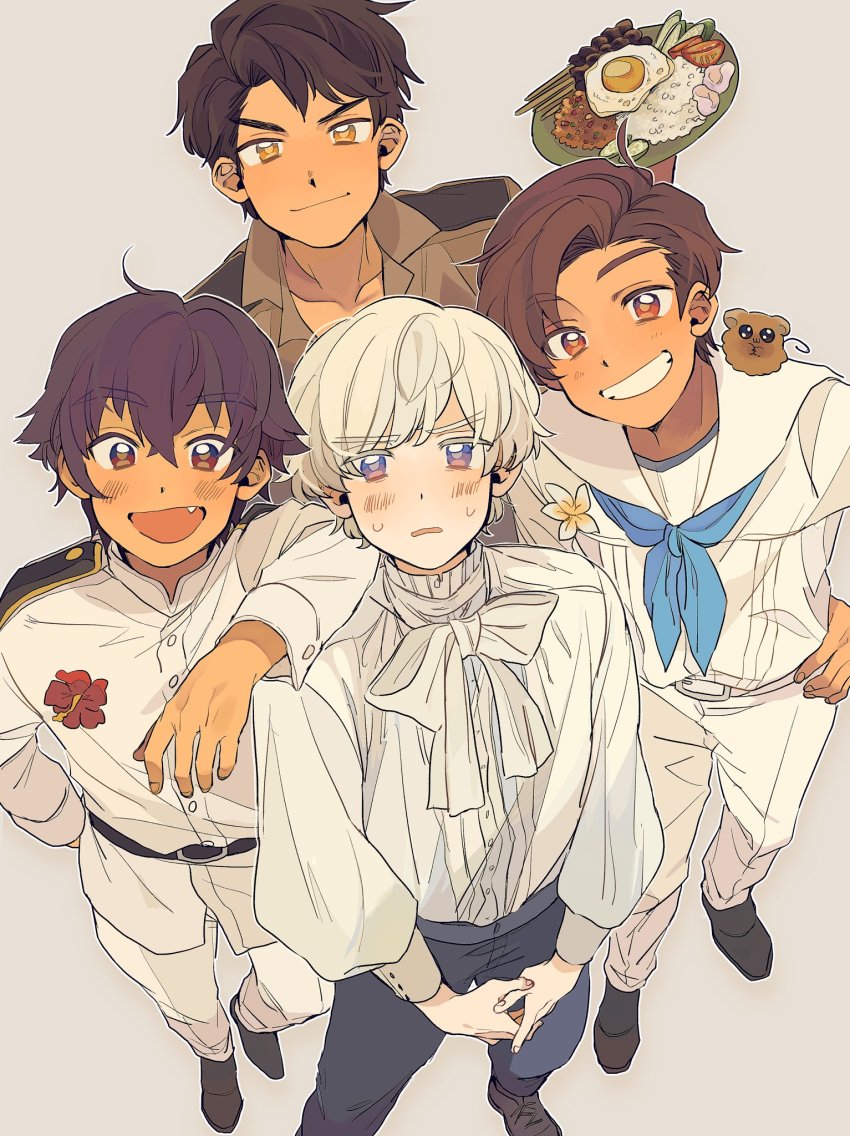 4boys, animal, animal_on_shoulder, axis_powers_hetalia, blonde_hair, blue_neckerchief, blush, brown_eyes, brown_hair, dark-skinned_male, dark_skin, egg_(food), fang, flower, food, grey_background, grin, hand_on_another's_shoulder, highres, holding, holding_tray, iceland_(hetalia), indonesia_(hetalia), looking_at_viewer, malaysia_(hetalia), multiple_boys, neckerchief, ninonuko, open_mouth, philippines_(hetalia), rice, sailor_collar, smile, tarsier, tray, white_sailor_collar