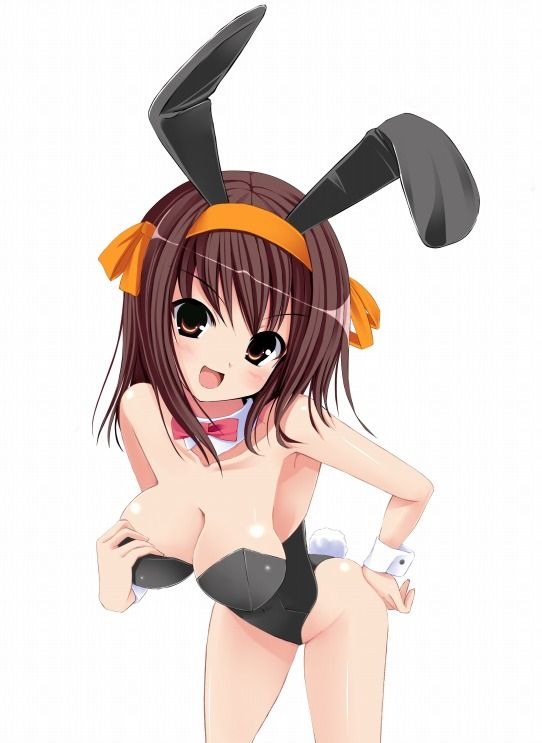 1girl, animal_ears, bare_legs, bent_over, breasts, brown_eyes, brown_hair, cleavage, fake_animal_ears, female_focus, kawabata_mizuki, playboy_bunny, rabbit_ears, short_hair, solo, suzumiya_haruhi, suzumiya_haruhi_no_yuuutsu
