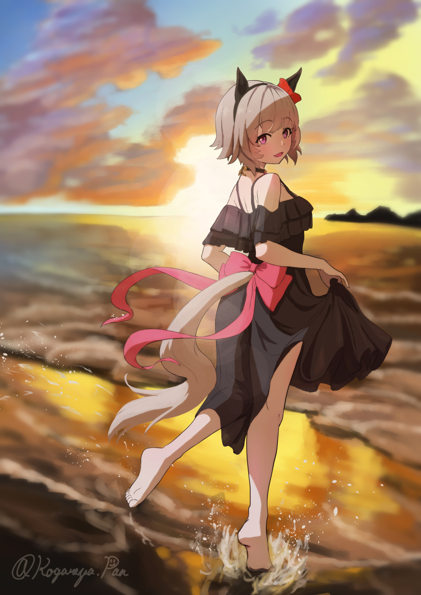 1girl, :d, absurdres, agepan._(pangcha3324), animal_ears, barefoot, beach, black_dress