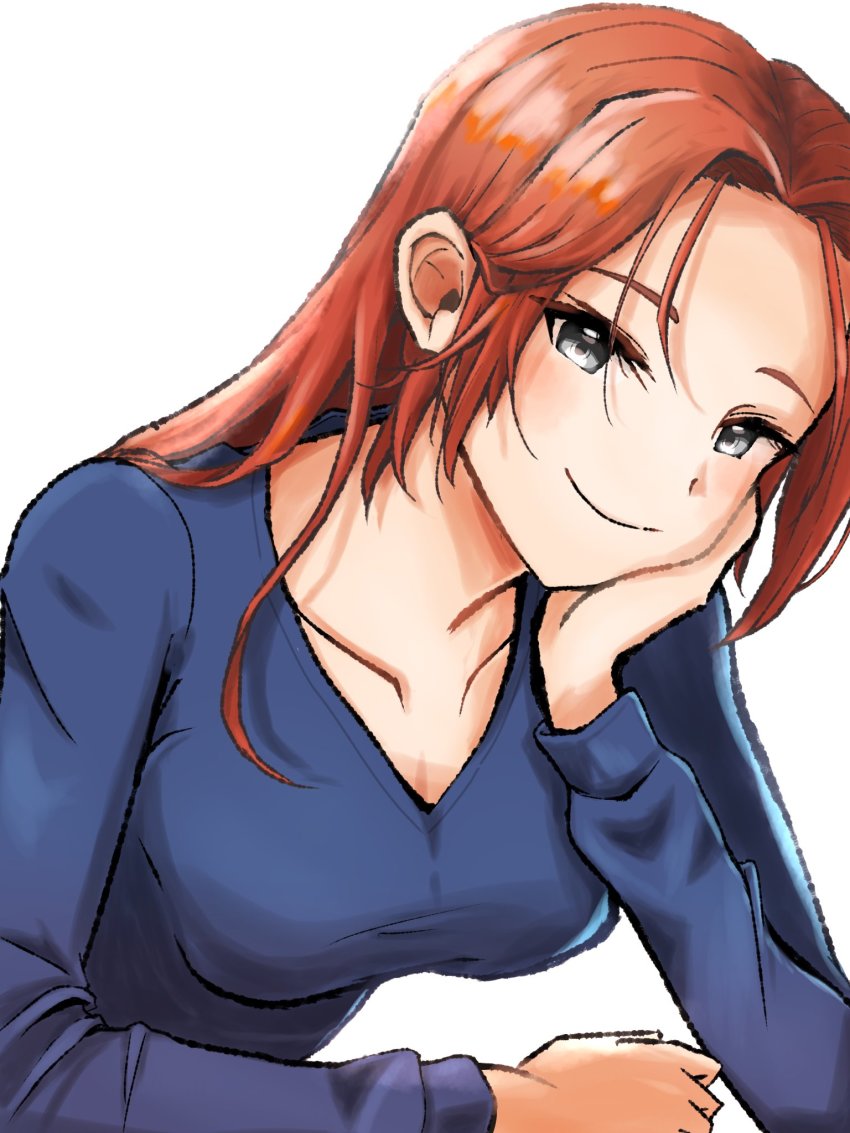 1girl, breasts, closed_mouth, collarbone, commentary, crowe_f._almedio, genderswap, genderswap_(mtf), highres, kazuwaya, long_hair, looking_at_viewer, red_hair, simple_background, smile, solo, star_ocean, star_ocean:_the_last_hope, white_background