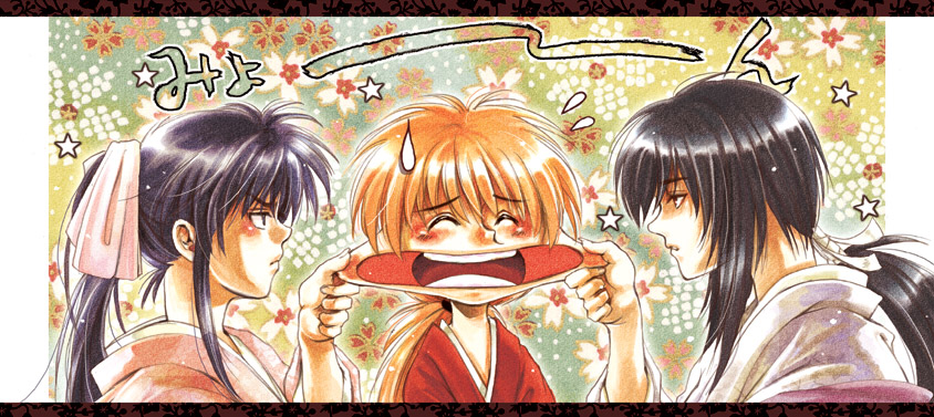 1boy, 2girls, bad_id, bad_pixiv_id, blush, cheek_pinching, cheek_pull, frown