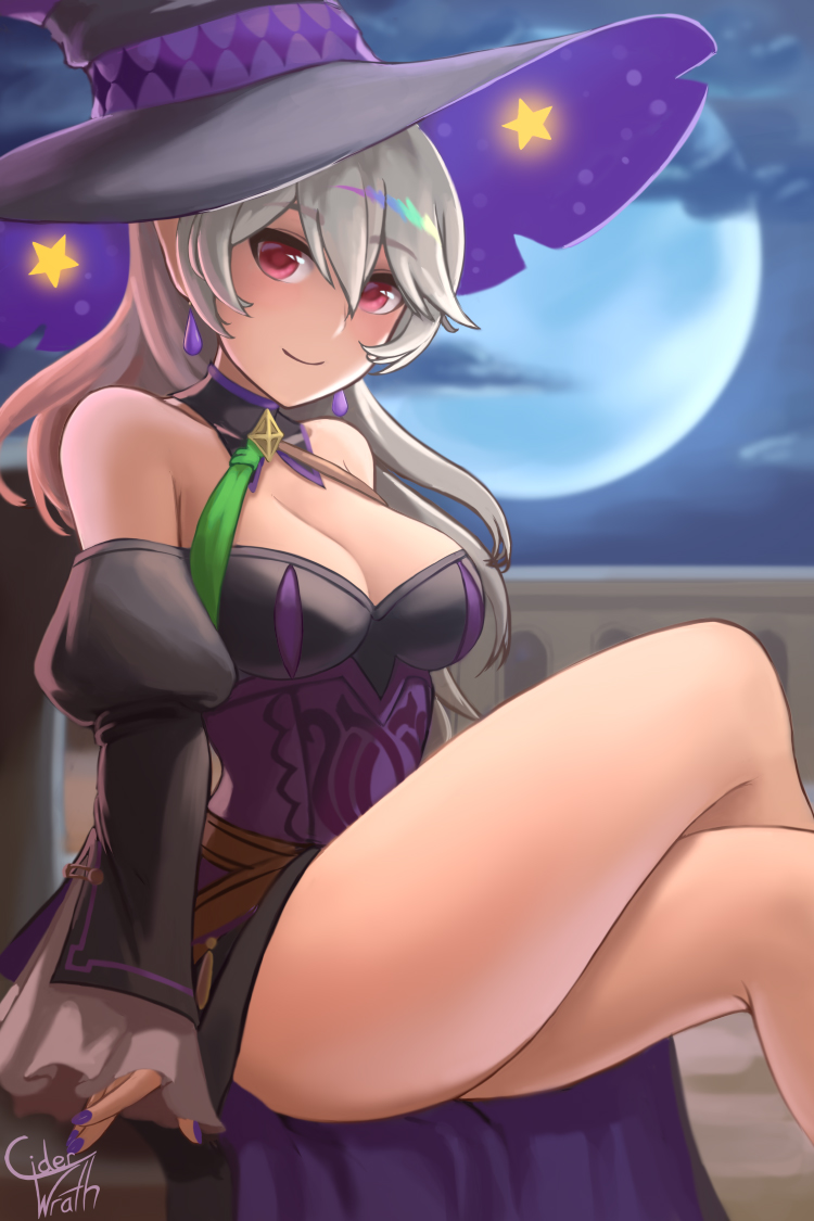 1girl, breasts, brooch, ciderwrath, cleavage, cloud, female_corrin_(fire_emblem), female_corrin_(halloween)_(fire_emblem), crossed_legs, detached_sleeves, feet_out_of_frame, fire_emblem, fire_emblem_fates, fire_emblem_heroes, grey_hair, hat, jewelry, long_hair, looking_at_viewer, medium_breasts, moon, nail_polish, night, nintendo, official_alternate_costume, purple_nails, sitting, smile, solo, star_(symbol), thighs, witch, witch_hat