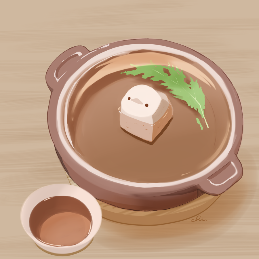 bird, bowl, chai_(drawingchisanne), commentary_request, food, food_focus, hotpot, leaf