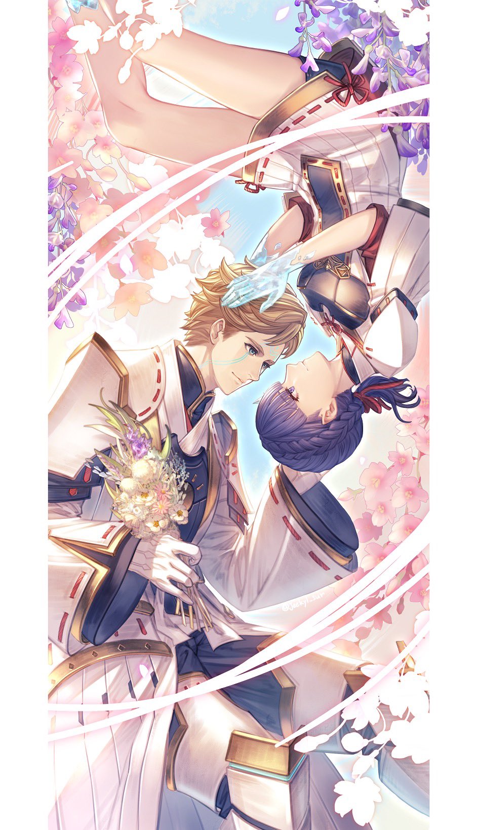 1boy, 1girl, bike_shorts, bouquet, braid, cherry_blossoms, closed_mouth, crown_braid