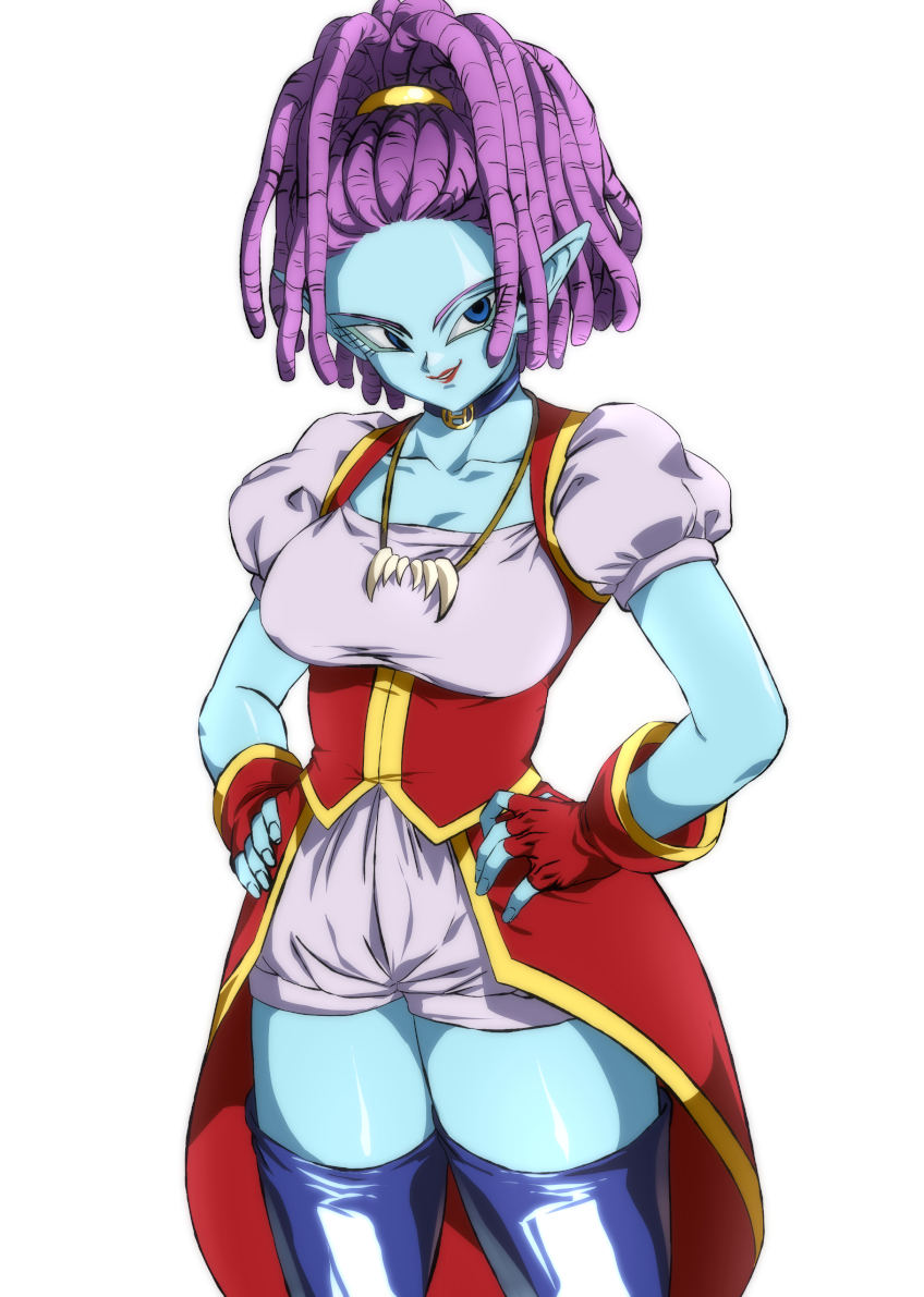 1girl, blue_collar, blue_eyes, blue_skin, breasts, collar, colored_skin, dragon_ball, dragon_ball_super, dreadlocks, eyelashes, fingerless_gloves, gloves, hands_on_own_hips, jewelry, macki_(dragon_ball), medium_breasts, necklace, pointy_ears, puffy_short_sleeves, puffy_sleeves, purple_hair, red_skirt, rom_(20), short_sleeves, skirt, smile, solo, standing, thighhighs