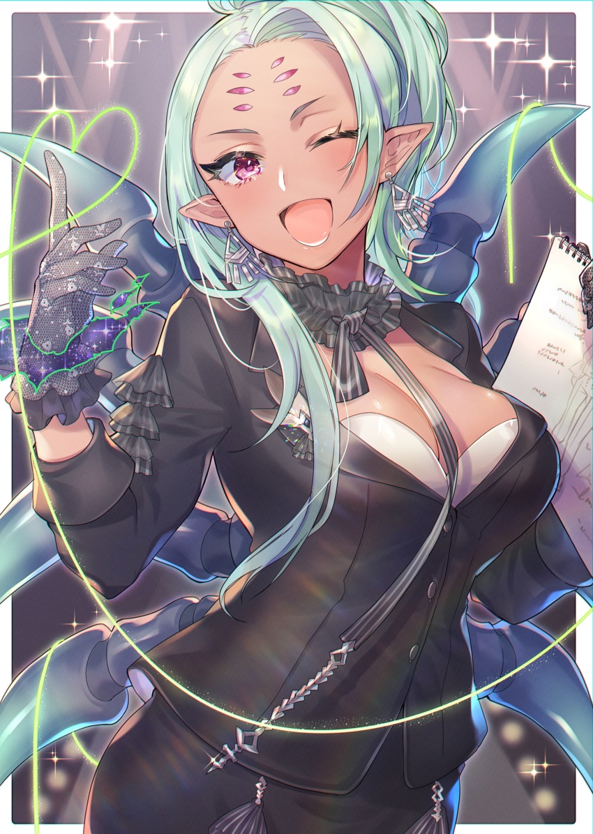 1girl, absurdres, arachne_(housamo), arthropod_girl, arthropod_limbs, asymmetrical_hair, border, bow