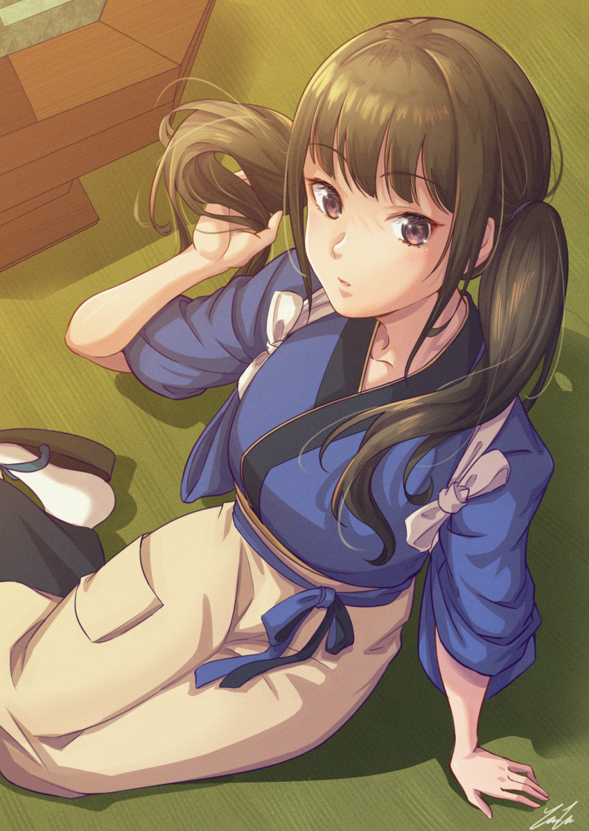 1girl, apron, arm_support, black_hair, blue_kimono, commentary_request, furisode, highres