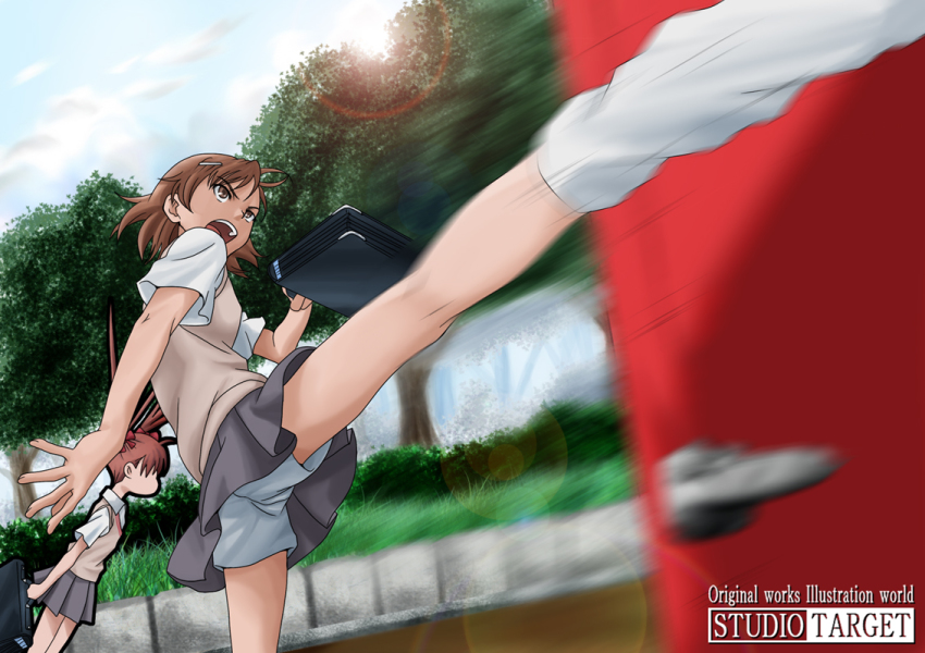 2girls, bad_id, bad_pixiv_id, bag, brown_eyes, brown_hair, collared_shirt, foreshortening, grass, hair_ornament, hairclip, holding, kicking, kneehighs, kneepits, lens_flare, loose_socks, miniskirt, misaka_mikoto, motion_blur, multiple_girls, open_mouth, panties, pleated_skirt, school_uniform, shirai_kuroko, shirt, short_hair, short_sleeves, skirt, socks, solo_focus, sweater, sweater_vest, thighs, toaru_kagaku_no_railgun, toaru_majutsu_no_index, tree, underwear, wan-taka, white_legwear, white_panties, white_shirt