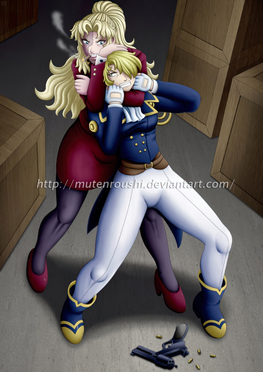 20s, 2girls, artist_name, balalaika_(black_lagoon), belt, black_lagoon, black_legwear, blonde_hair