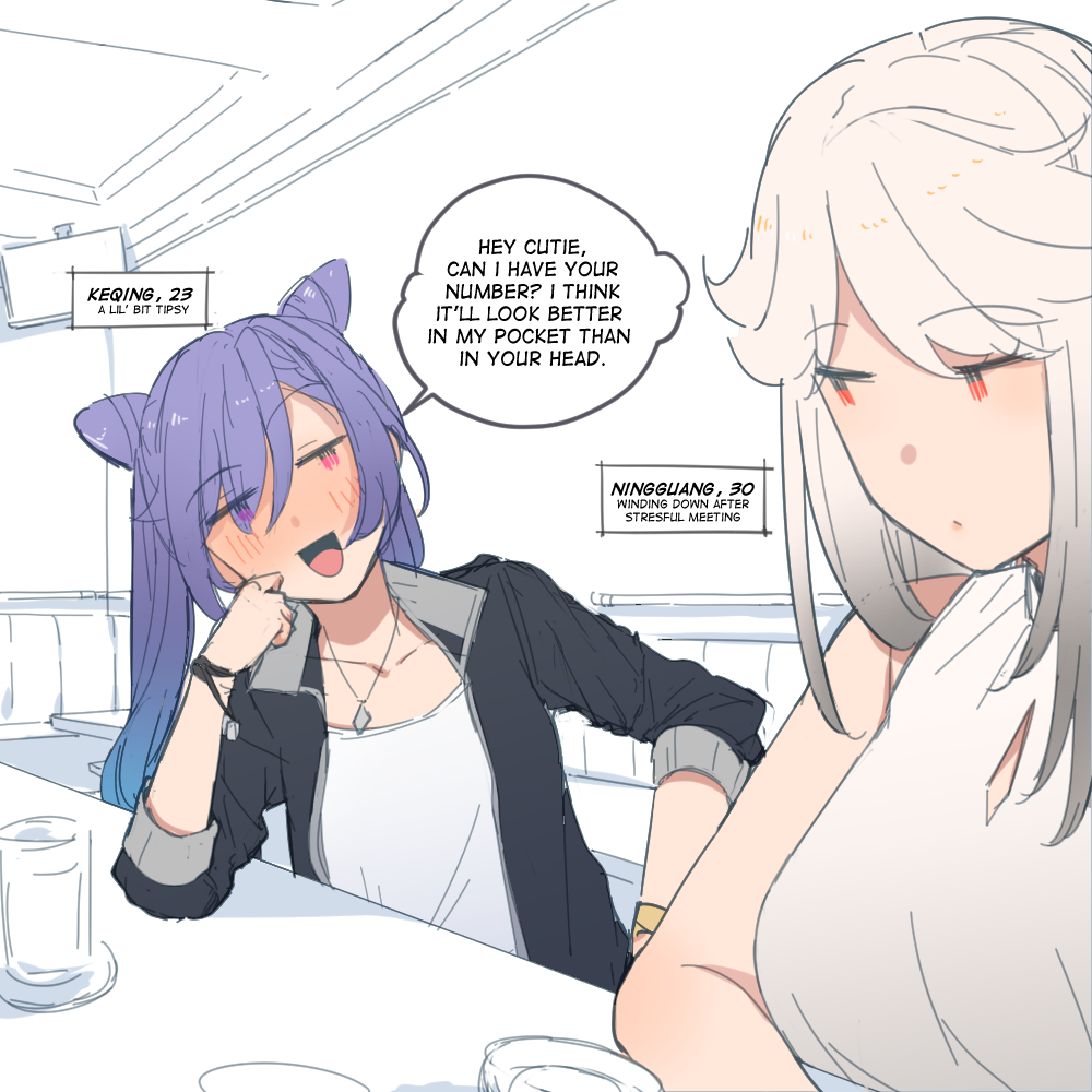 bar_(place), cone_hair_bun, double_bun, english_text, flirting, genshin_impact, hair_bun, hair_ornament