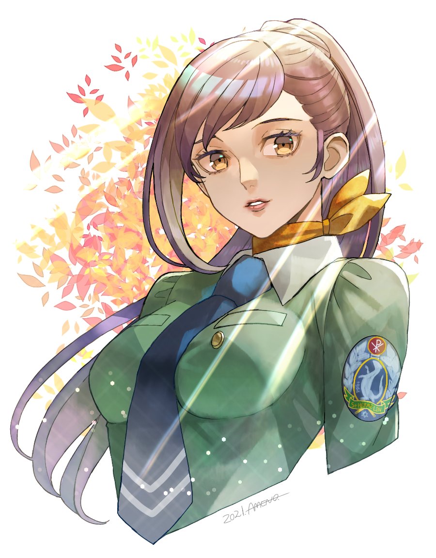 1girl, amenoimo, atlus, blue_necktie, breasts, brown_eyes, dated, emblem