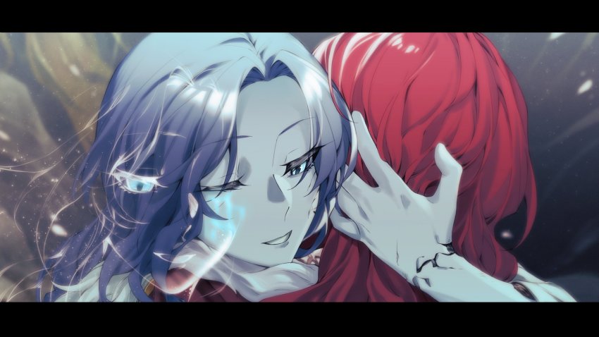 2girls, blue_eyes, blue_hair, blue_skin, closed_mouth, colored_skin, cracked_skin, elden_ring