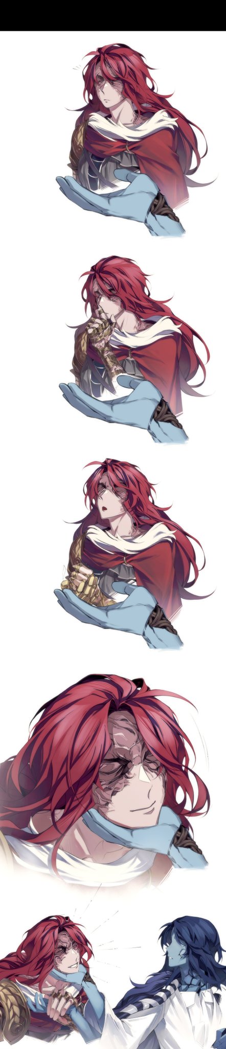 2girls, blue_eyes, blue_hair, blue_skin, breasts, cape, cloak, closed_mouth