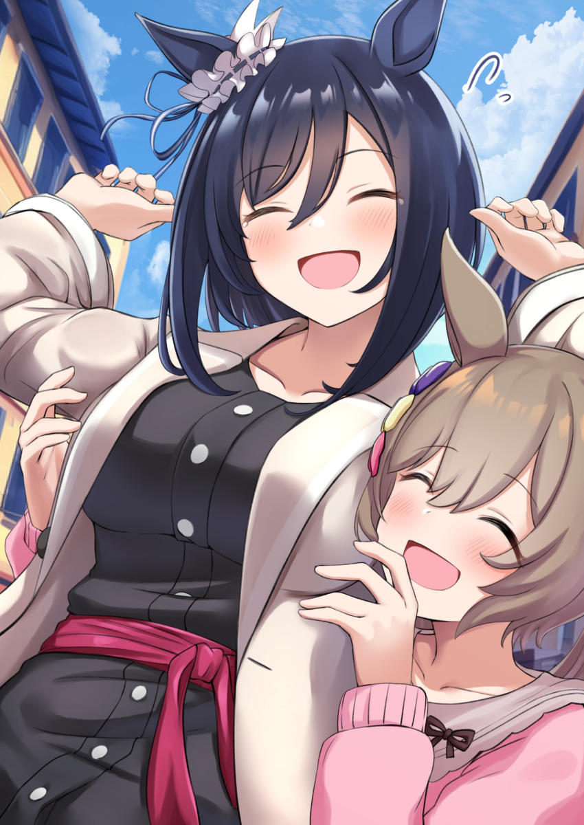 2girls, alternate_costume, animal_ears, black_hair, blush, breasts, brown_hair, casual