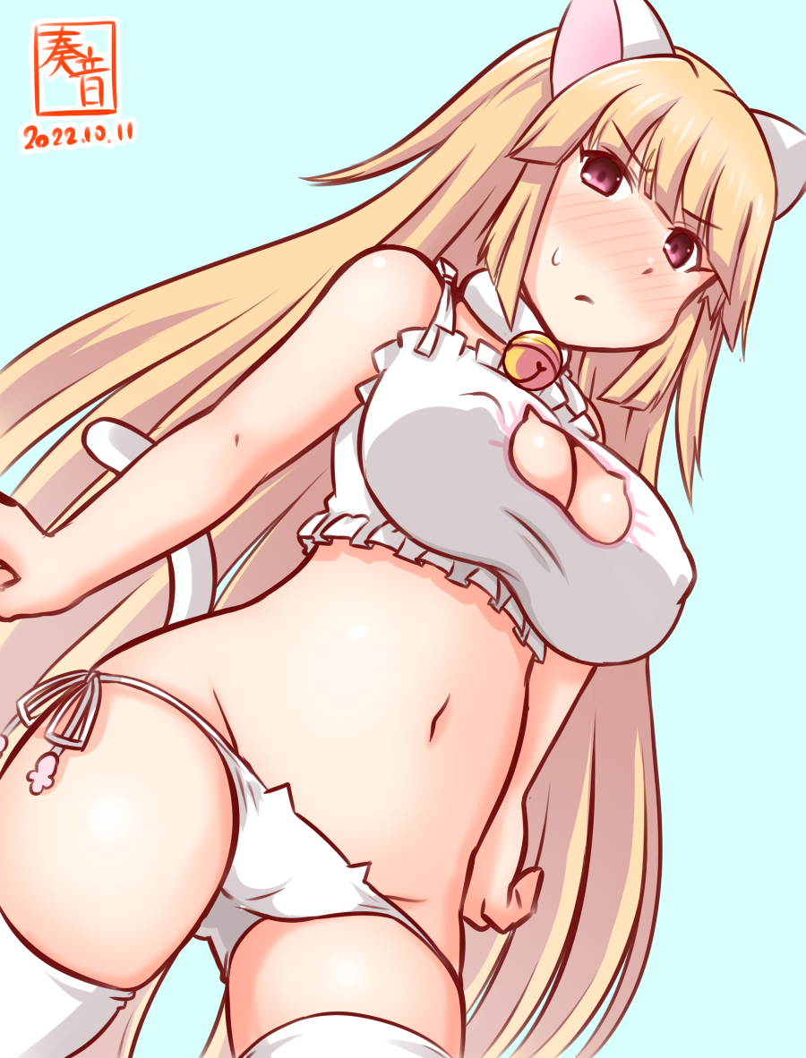 1girl, alternate_costume, artist_logo, bell, blonde_hair, bra, breasts, brooklyn_(kancolle), cat_cutout, cat_ear_panties, cat_lingerie, choker, cleavage_cutout, clothing_cutout, cowboy_shot, dated, frilled_bra, frills, jingle_bell, kanon_(kurogane_knights), kantai_collection, large_breasts, logo, long_hair, neck_bell, one-hour_drawing_challenge, panties, red_eyes, side-tie_panties, solo, thighhighs, underwear, underwear_only, white_bra, white_panties, white_thighhighs