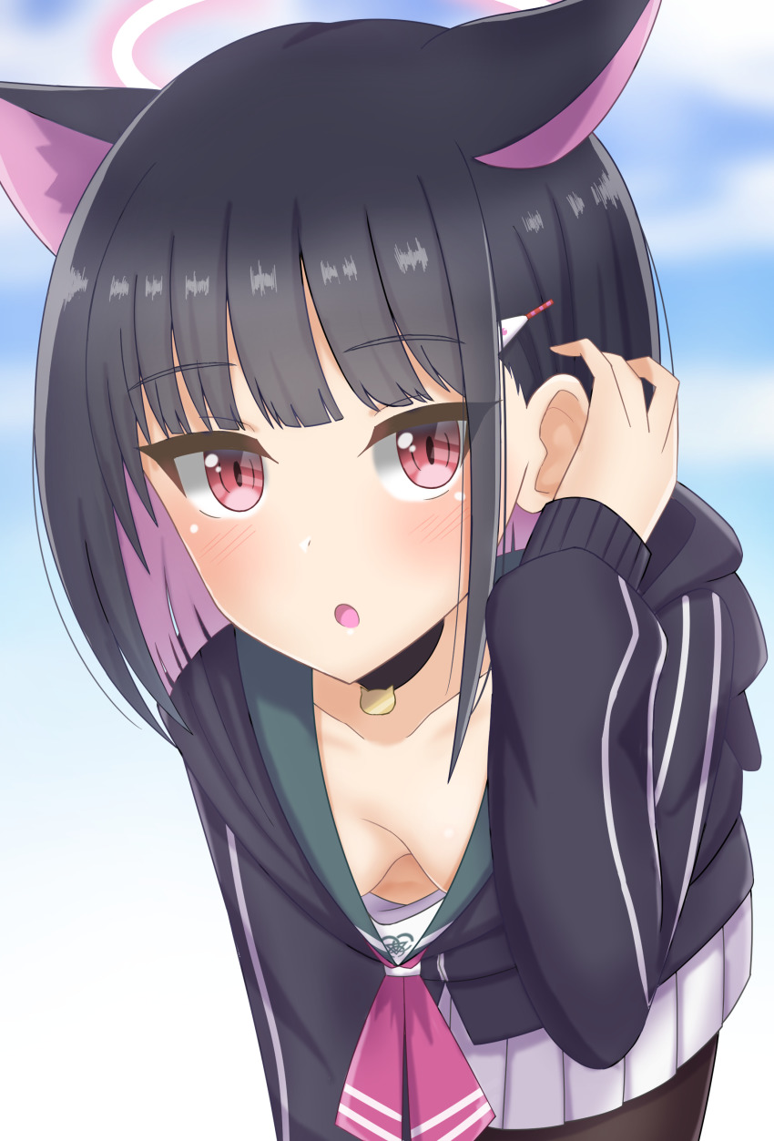 1girl, absurdres, adjusting_hair, animal_ears, black_hair, blue_archive, blush, breasts