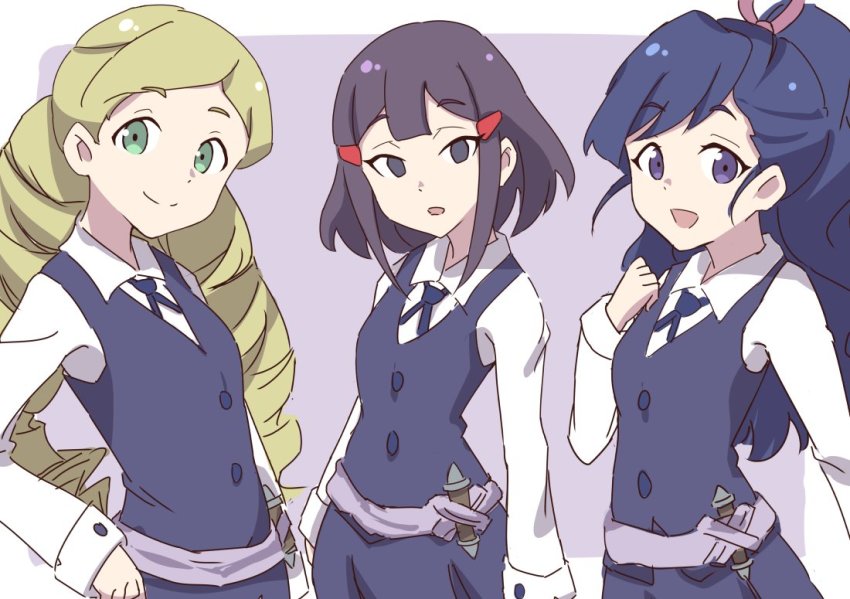 3girls, avery_(little_witch_academia), blair_(little_witch_academia), blonde_hair, female_focus, green_eyes, little_witch_academia, long_hair, looking_at_viewer, mary_(little_witch_academia), multiple_girls, short_hair, simple_background, smile, standing, tagme, trigger_(company), upper_body