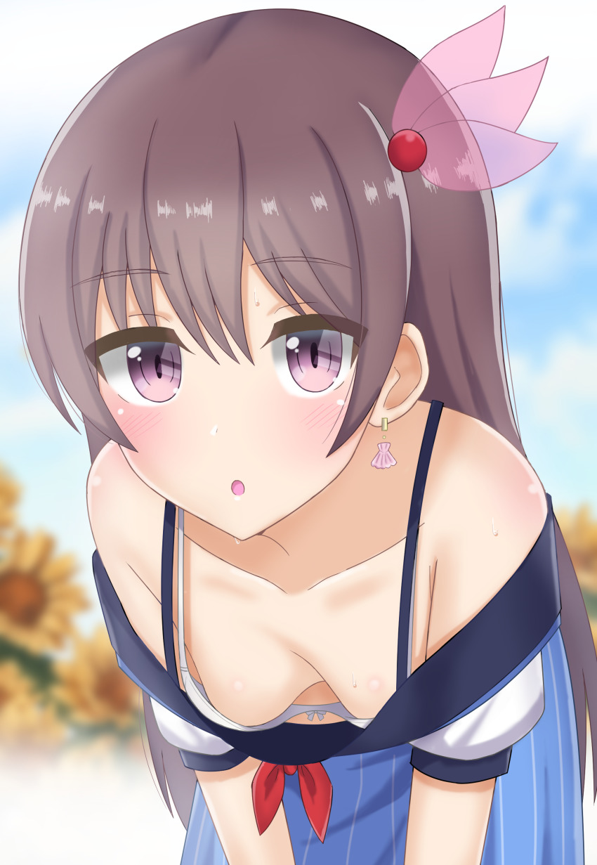 1girl, absurdres, bare_shoulders, blurry, blurry_background, blush, bra, breasts