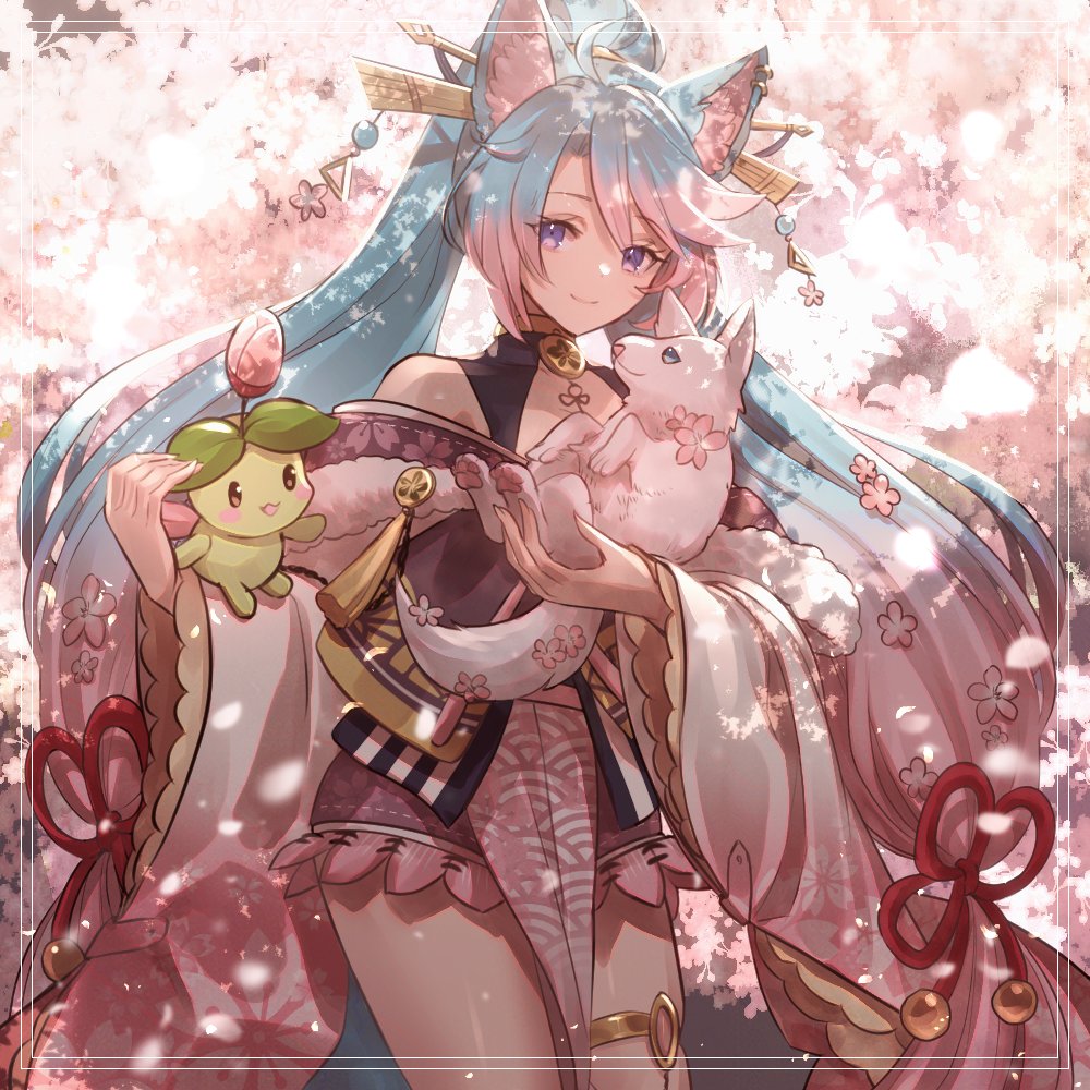 1girl, animal, animal_ear_fluff, animal_ears, black_kimono, black_sleeves, blue_eyes, blue_hair, breasts, cleavage, commentary, detached_sleeves, english_commentary, flower, hair_flower, hair_ornament, holding, holding_animal, japanese_clothes, kimono, kokuzu, large_breasts, long_hair, looking_at_viewer, multicolored_hair, pink_hair, second-party_source, silvervale, smile, streaked_hair, swept_bangs, thigh_strap, twintails, virtual_youtuber, vshojo, wolf, wolf_ears, wolf_girl