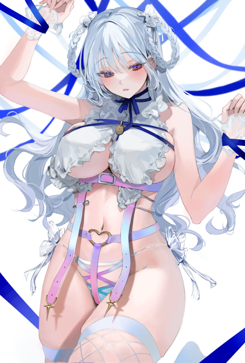 1girl, arm_up, bare_arms, bare_shoulders, belt, blue_eyes, blue_ribbon, blush